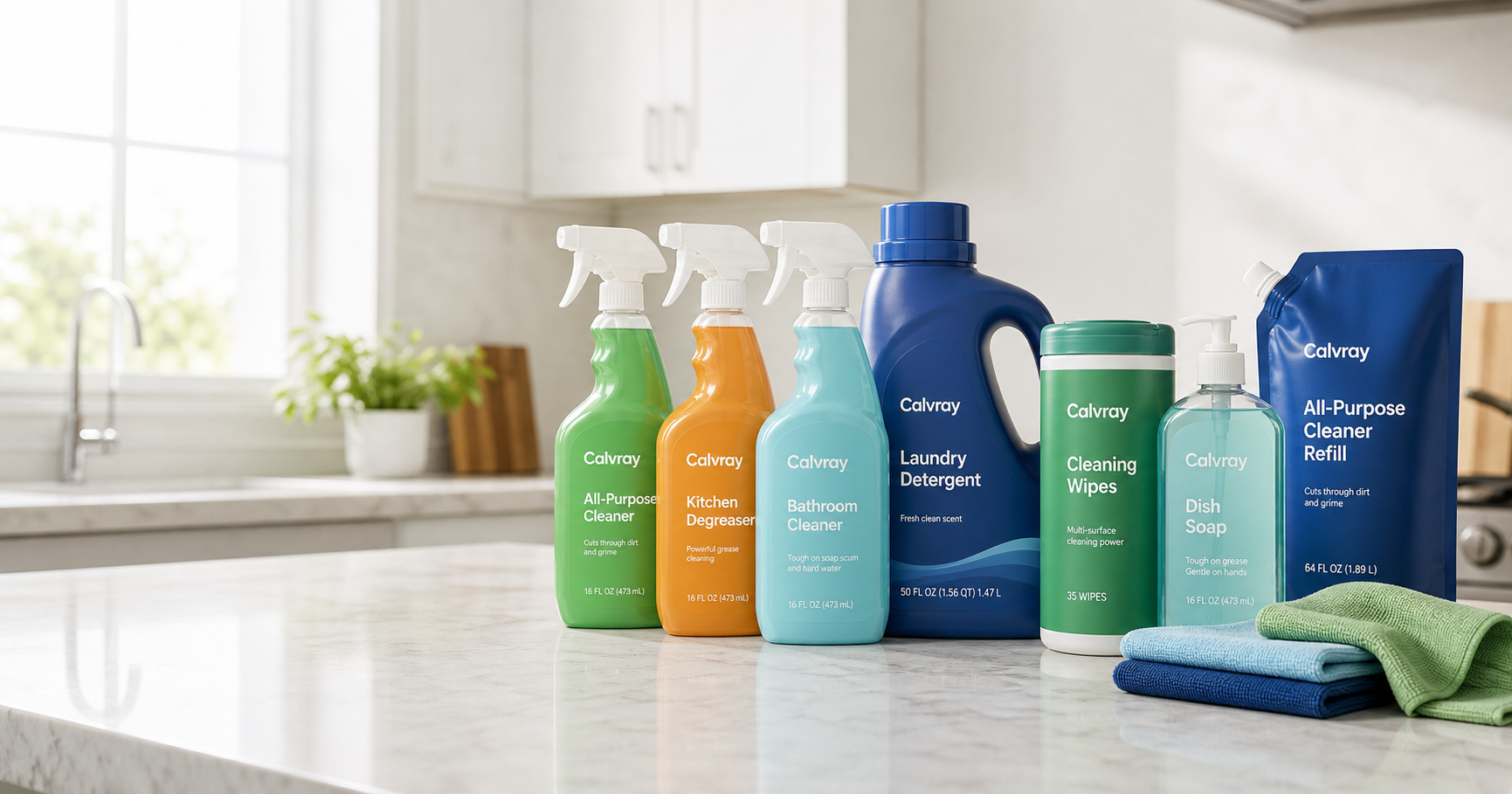 Calvray cleaning products on a bright kitchen counter