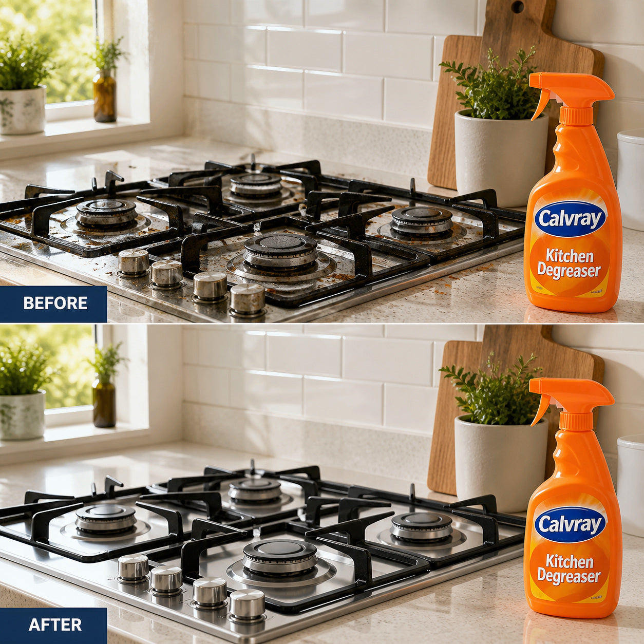 Kitchen stovetop before and after using Calvray Kitchen Degreaser